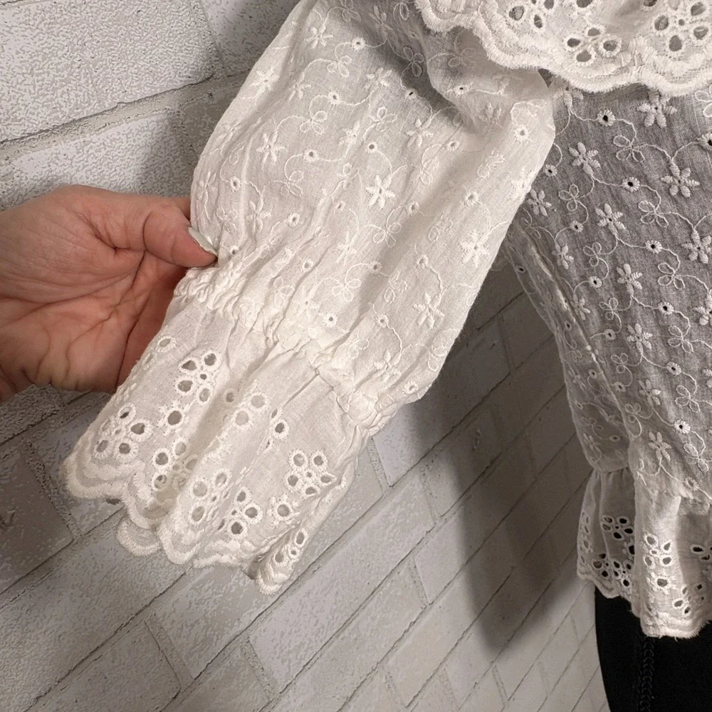 Zara‎ White Eyelet Milkmaid Peplum Crop Top XS Coquette Festival Coastal Cottage